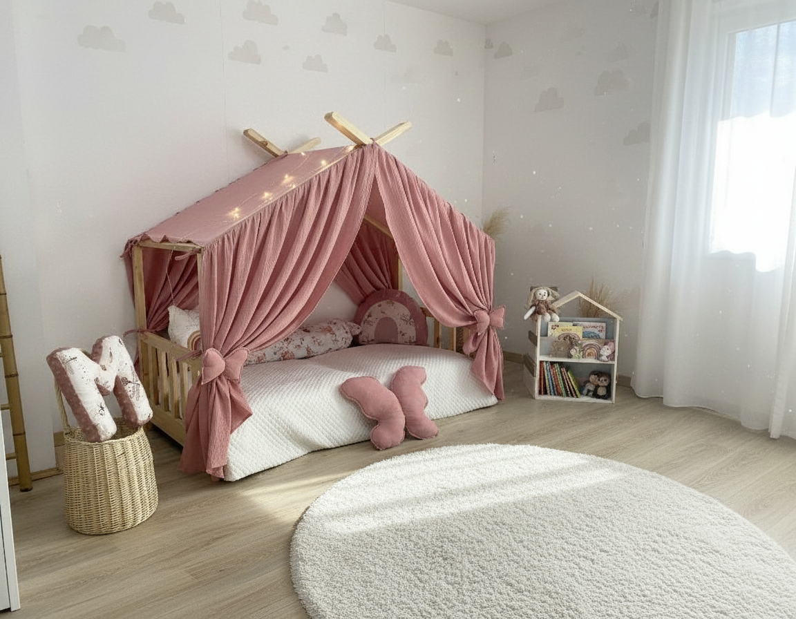 Play corner with bow tiebacks and butterfly pillow