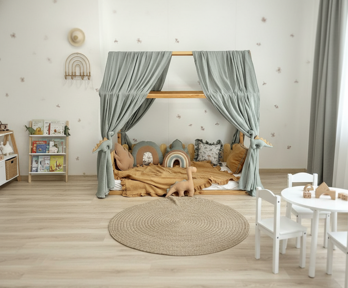 Dinosaur themed kids reading nook with pillows