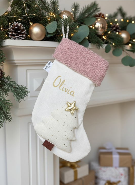 Pink Christmas Stocking – Handmade Muslin Fabric Sock with Gold Stars, Custom Hand Painted Name
