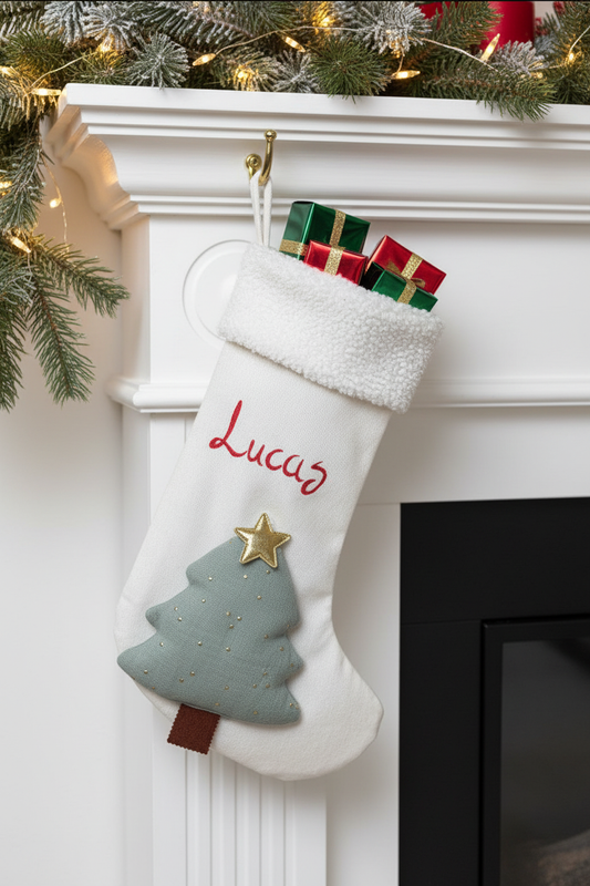 Christmas Stocking – Handmade Canvas Fabric Sock with Gold Stars, Custom Hand Painted Name