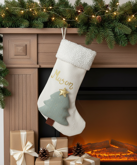 Christmas Stocking – Handmade Muslin Fabric Sock with Gold Stars, Custom Hand Painted Name