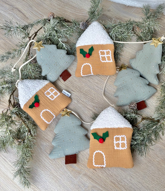 Handmade Christmas Garland – Fabric Gingerbread House & Tree Bunting, Kids Room Holiday Decor