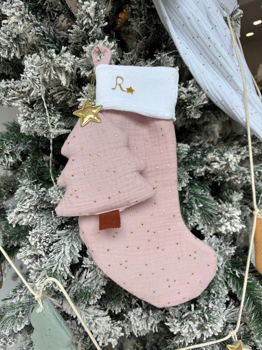 Pink Christmas Stocking – Handmade Muslin Fabric Sock with Gold Stars, Custom Hand Painted Initial