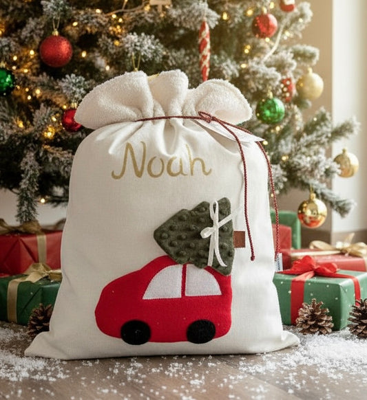 Handmade Personalized Christmas Sack – Fabric Gift Bag with Appliqués