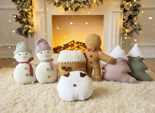 Handmade Christmas Pillow Set – Snowman, Gingerbread, House & Tree Cushions, Kids Holiday Room Decor