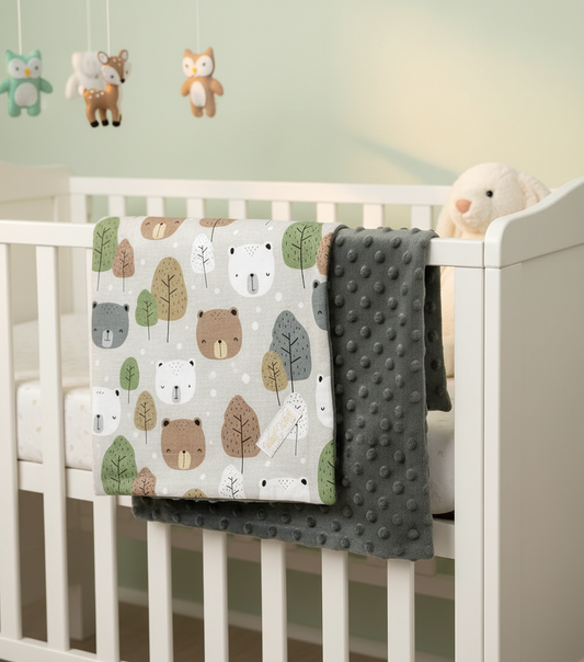 Double-sided baby blanket with cotton bear and forest print on one side and soft grey minky fabric on the other, displayed draped over a white crib in a cozy nursery.