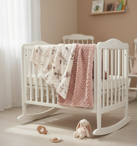Double-sided baby blanket with cotton bear and forest print on one side and soft grey minky fabric on the other, displayed draped over a white crib in a cozy nursery.