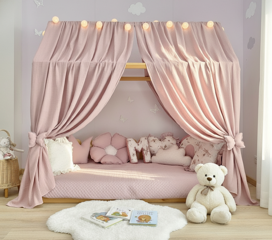 Montessori floor bed with canopy and soft pink cushions