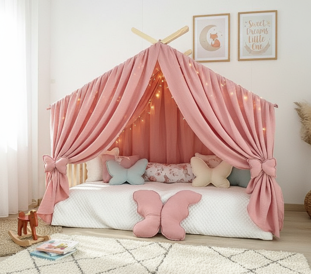 Play corner with bow tiebacks and butterfly pillow