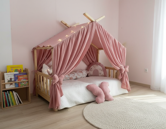 Play corner with bow tiebacks and butterfly pillow